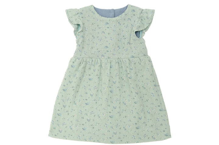 Schnittmuster Retro Kleid für Mädchen ELLA mit langen Ärmeln in hellgrünem Blumendesign.