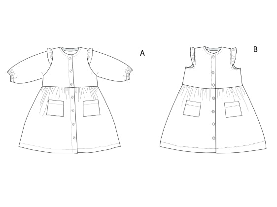 Schnittmuster Sommer Mädchenkleid MIMI Langarm od. Ärmellos für Gr. 6M–7J, Design mit Knopfleiste und Taschen.