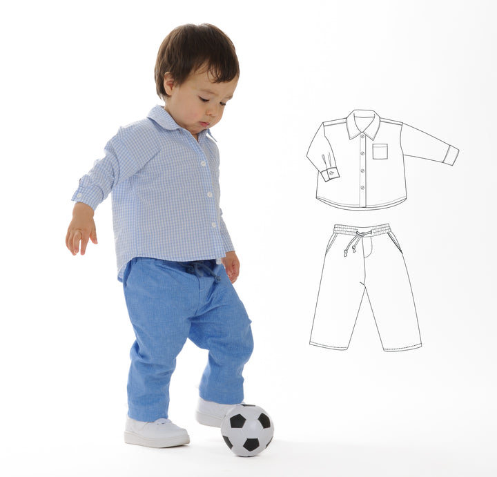 Schnittmuster Baby Hemd & Hose TOM + NOAH PDF Jungen Outfit Gr. 68–122, Junge mit Fussball, Hemd und Hose.