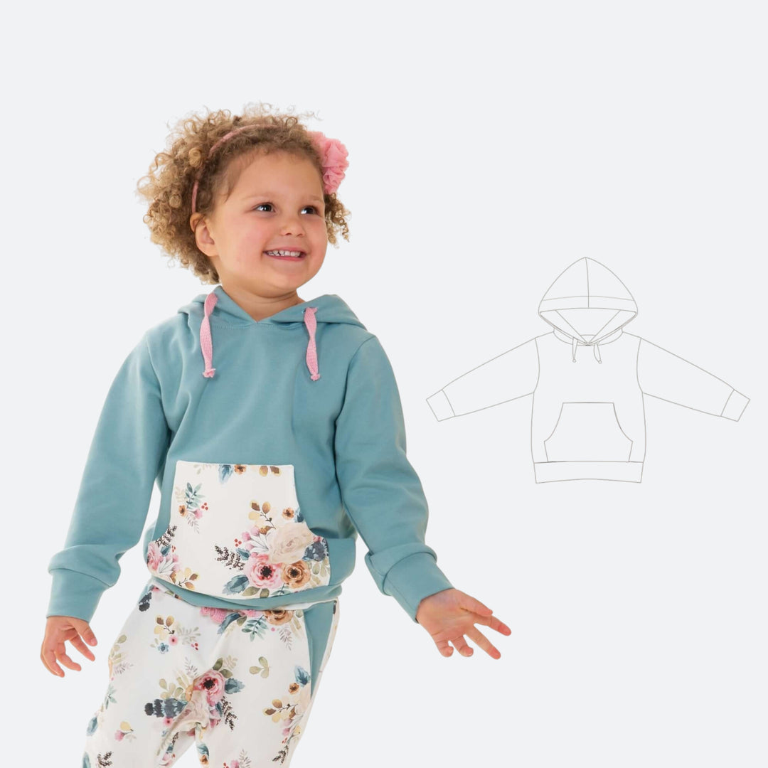 Kinder Hoodie PDF Schnittmuster FLY – 2-in-1 mit Kapuze & Kragen 80/86–140/146: niedliches Kindermodel in Hoodie.