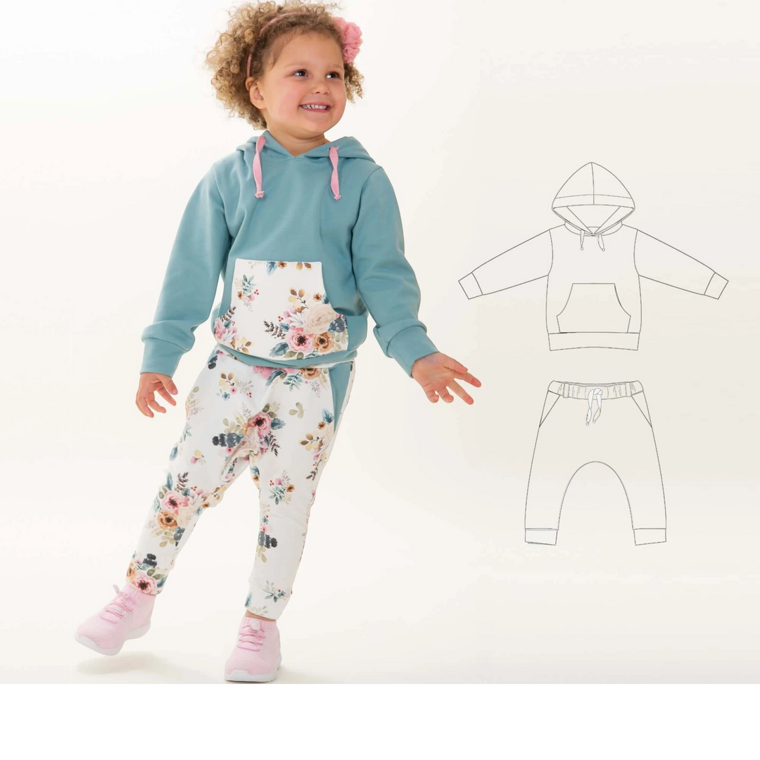 Hoodie Schnittmuster FLY DADO – Kinder Set 80/86–140/146, Hose ab 92/98, bequemes Kinder-Outfit in Blumenmuster.