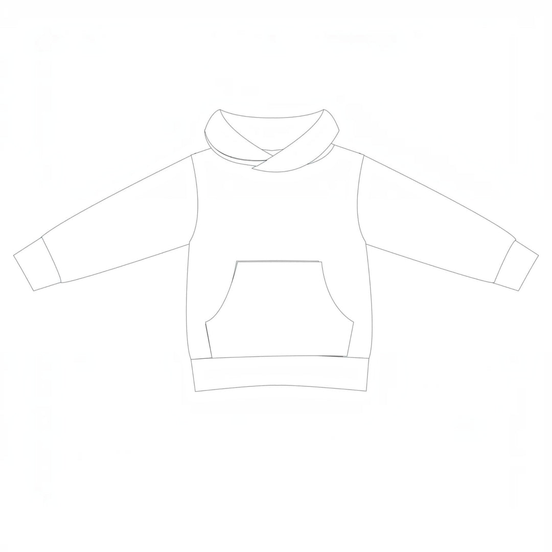 Kinder Hoodie PDF Schnittmuster FLY – 2-in-1 mit Kapuze & Kragen 80/86–140/146 Skizze eines Sweaters mit Kapuze und Kängurutasche.