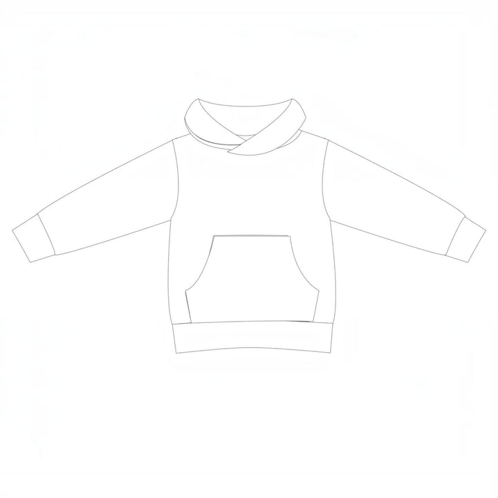 Kinder Hoodie PDF Schnittmuster FLY – 2-in-1 mit Kapuze & Kragen 80/86–140/146 Skizze eines Sweaters mit Kapuze und Kängurutasche.