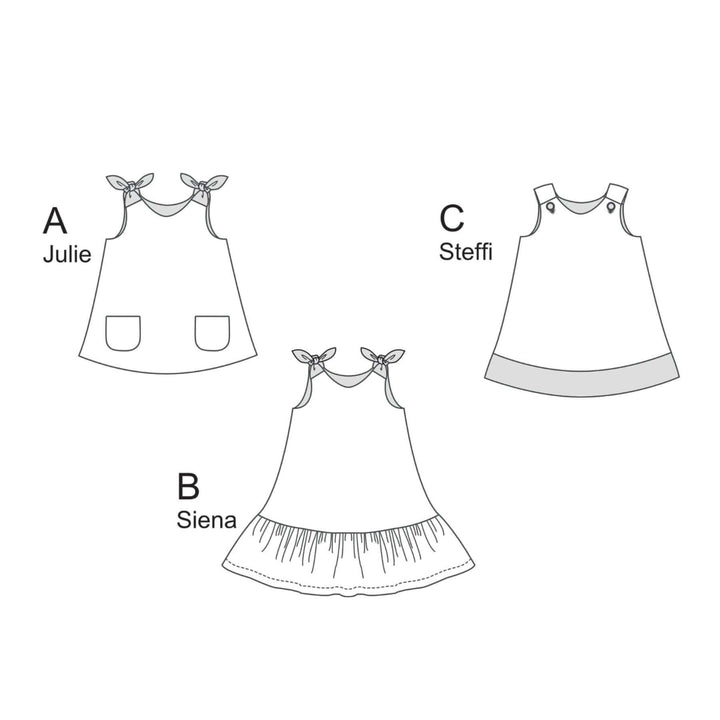 Mädchenkleid PDF Schnittmuster – 3 Varianten 74/80–146/152