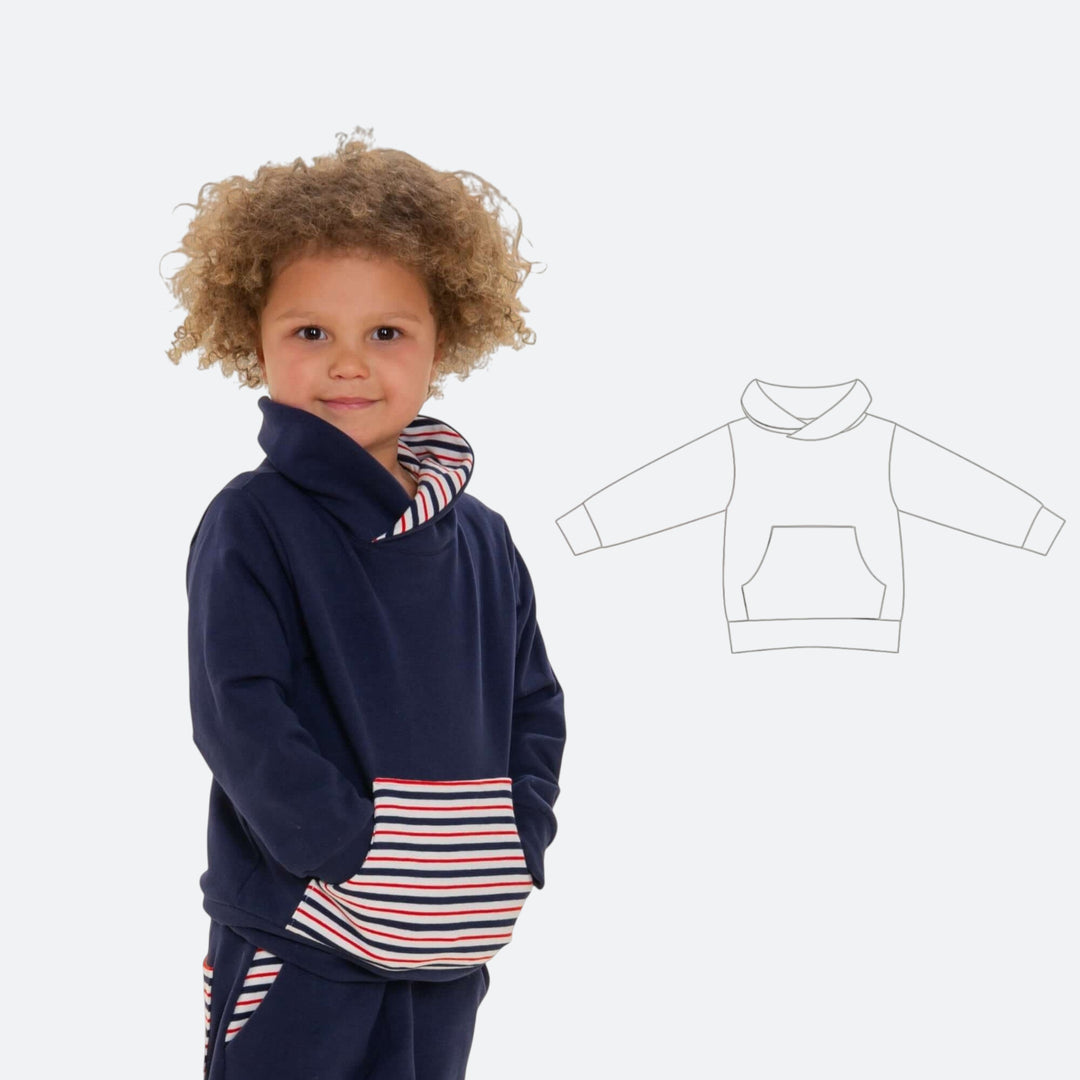 Kinder Hoodie PDF Schnittmuster FLY – 2-in-1 mit Kapuze & Kragen 80/86–140/146, kind in navy hoodie with striped pocket.