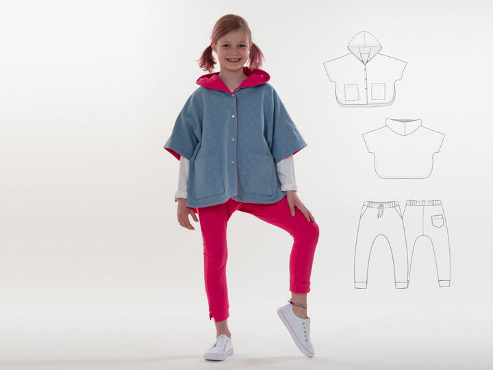 Digitales Schnittmuster für Kinder-Poncho-Set mit Kapuze. Anfängerfreundliches Tutorial. Vollständige Anleitung. Zweiteiliges Design. Bequeme Freizeitkleidung. Leicht verständliche Anleitung. Technische Zeichnungen. Größenbereich. Kinderkleidungsprojekt. Einfache Konstruktionsschritte.