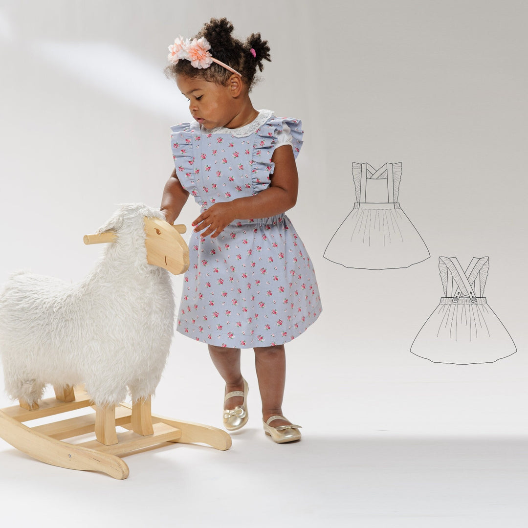 Schnittmuster-Tutorial, anfängerfreundliches Design, Sommerkleid-Kollektion, Baby- und Kleinkind-Mädchengrößen, elastischer Bund, gefüttertes Miederdetail, geraffter Rockstil, Vintage-inspirierter Look, leicht verständliche Anleitung, Fotoanleitung, komplett