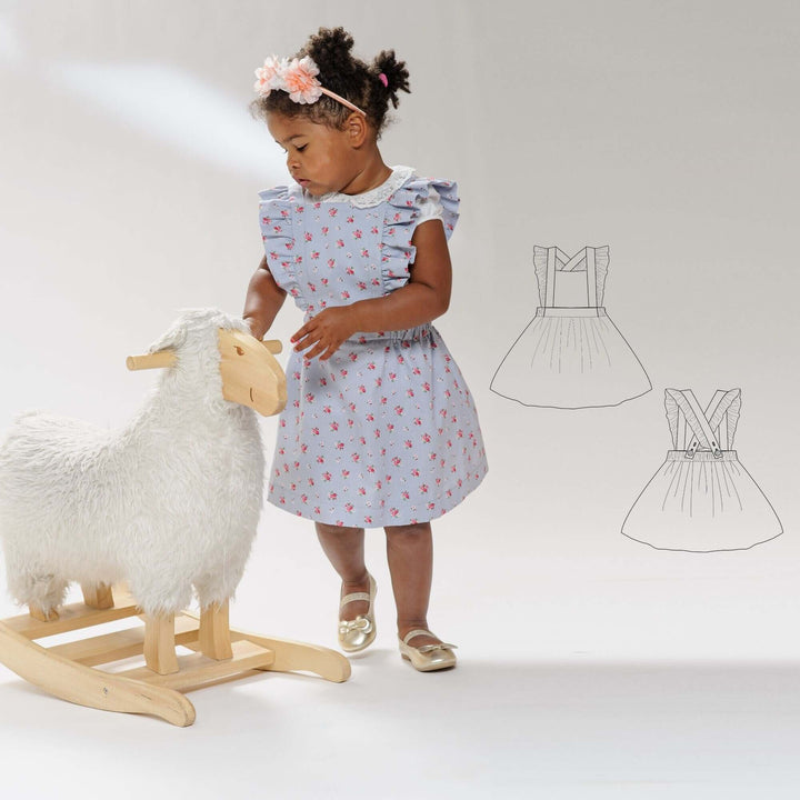 Schnittmuster-Tutorial, anfängerfreundliches Design, Sommerkleid-Kollektion, Baby- und Kleinkind-Mädchengrößen, elastischer Bund, gefüttertes Miederdetail, geraffter Rockstil, Vintage-inspirierter Look, leicht verständliche Anleitung, Fotoanleitung, komplett